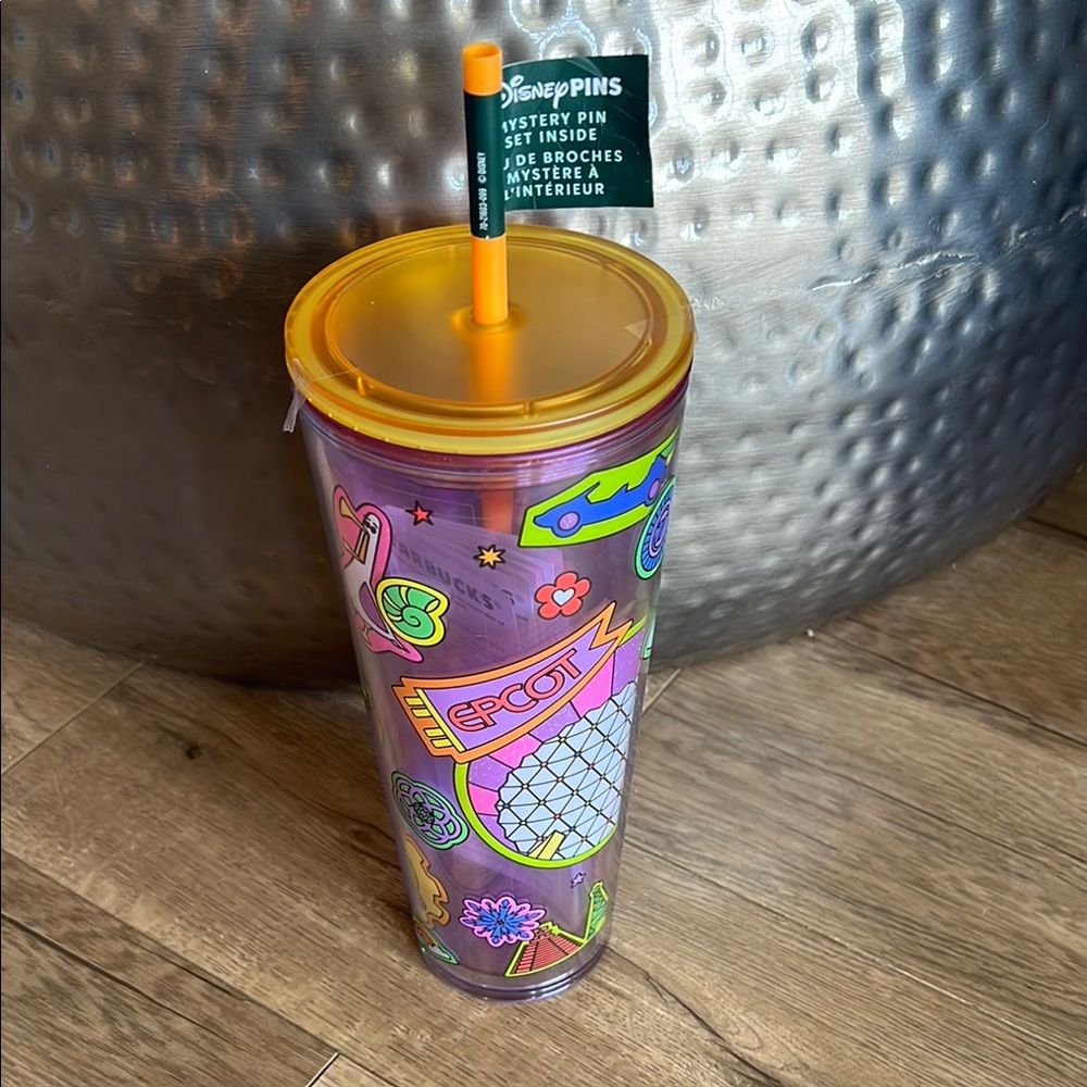 Starbucks Purple Epcot Travel Tumbler with Orange Lid and Straw. **NO PINS**
